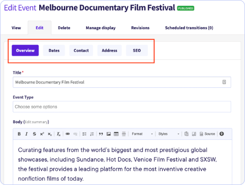 Example of District Platform's editing experience that highlights key content tabs